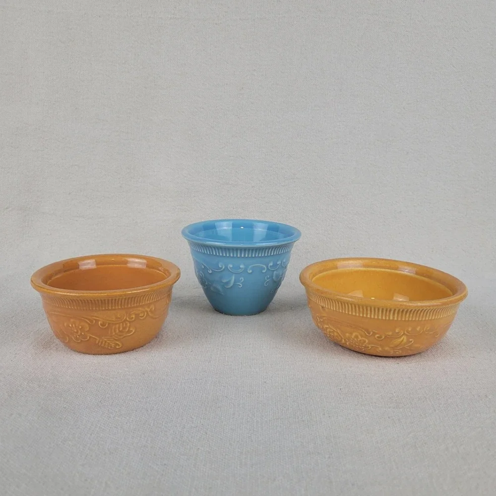 Vintage Homer Laughlin Oven Serve Ceramic Ramekin Custard Set Floral Embossed‎